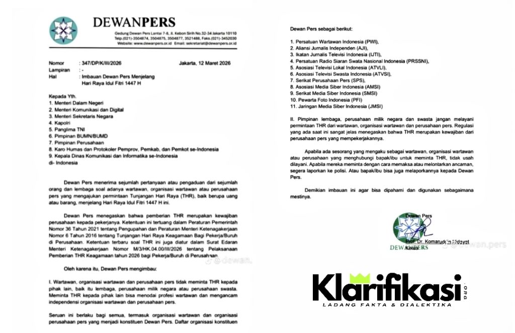 Dewan Pers Larang Wartawan Minta THR ke Instansi dan Perusahaan Jelang Idul Fitri 1447 H