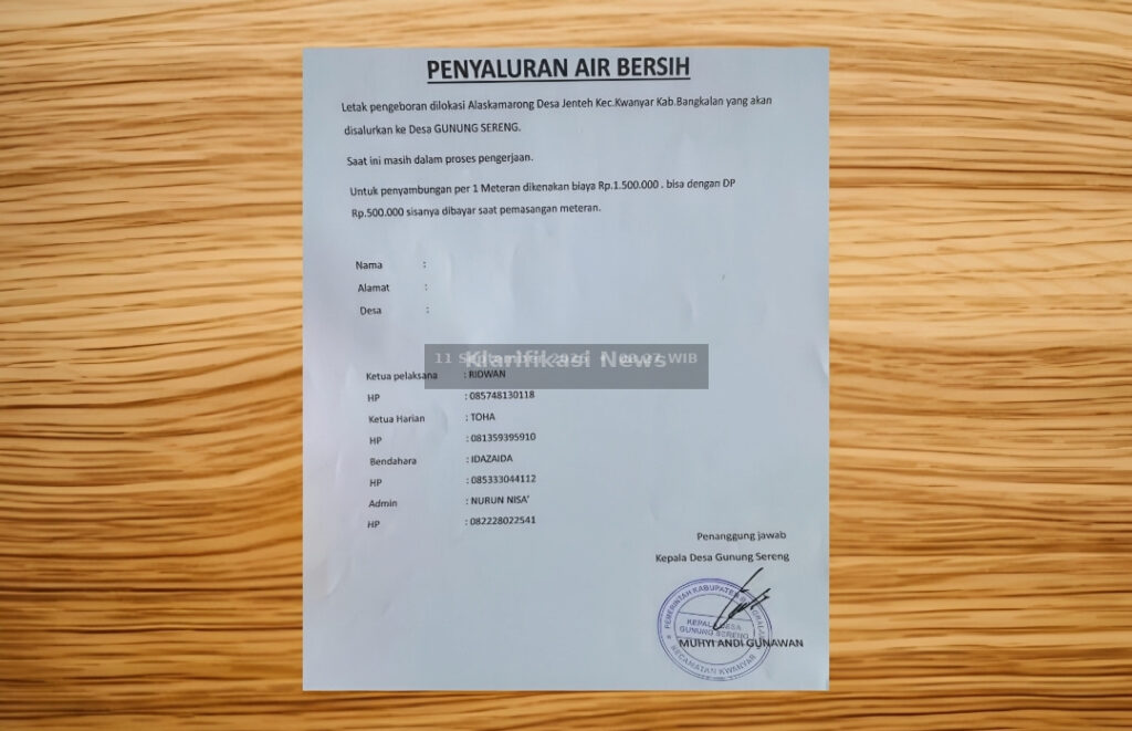 Kwitansi Penagihan Rp 1,5 Juta Sumur Bor Desa Gunung Sereng Terungkap, Warga Desak Penyelidikan