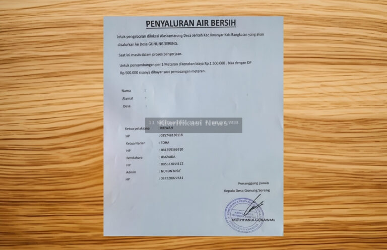 Kwitansi Penagihan Rp 1,5 Juta Sumur Bor Desa Gunung Sereng Terungkap, Warga Desak Penyelidikan